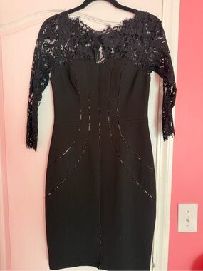 Aidan Mattox Black Lace-Sleeve Sheath Dress